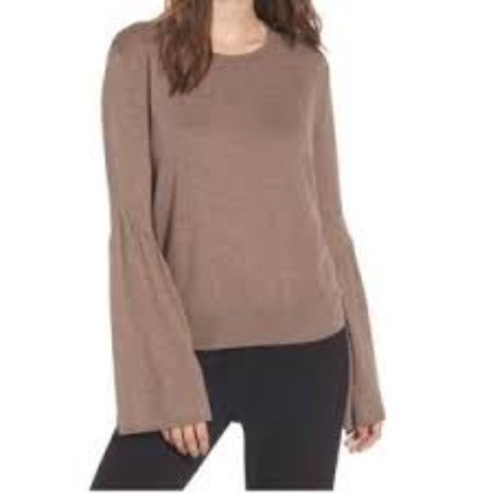 Leith Mocha Tan Bell Sleeve Flare Long Sleeve Crew Neck Knit Sweater Medium M